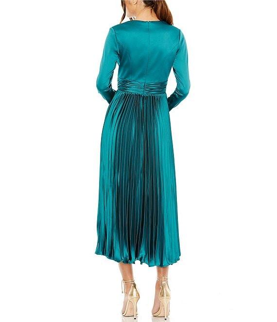 Mac Duggal Pleated Satin V-Neck Long Sleeve Fit and Flare Midi Dress Product Image