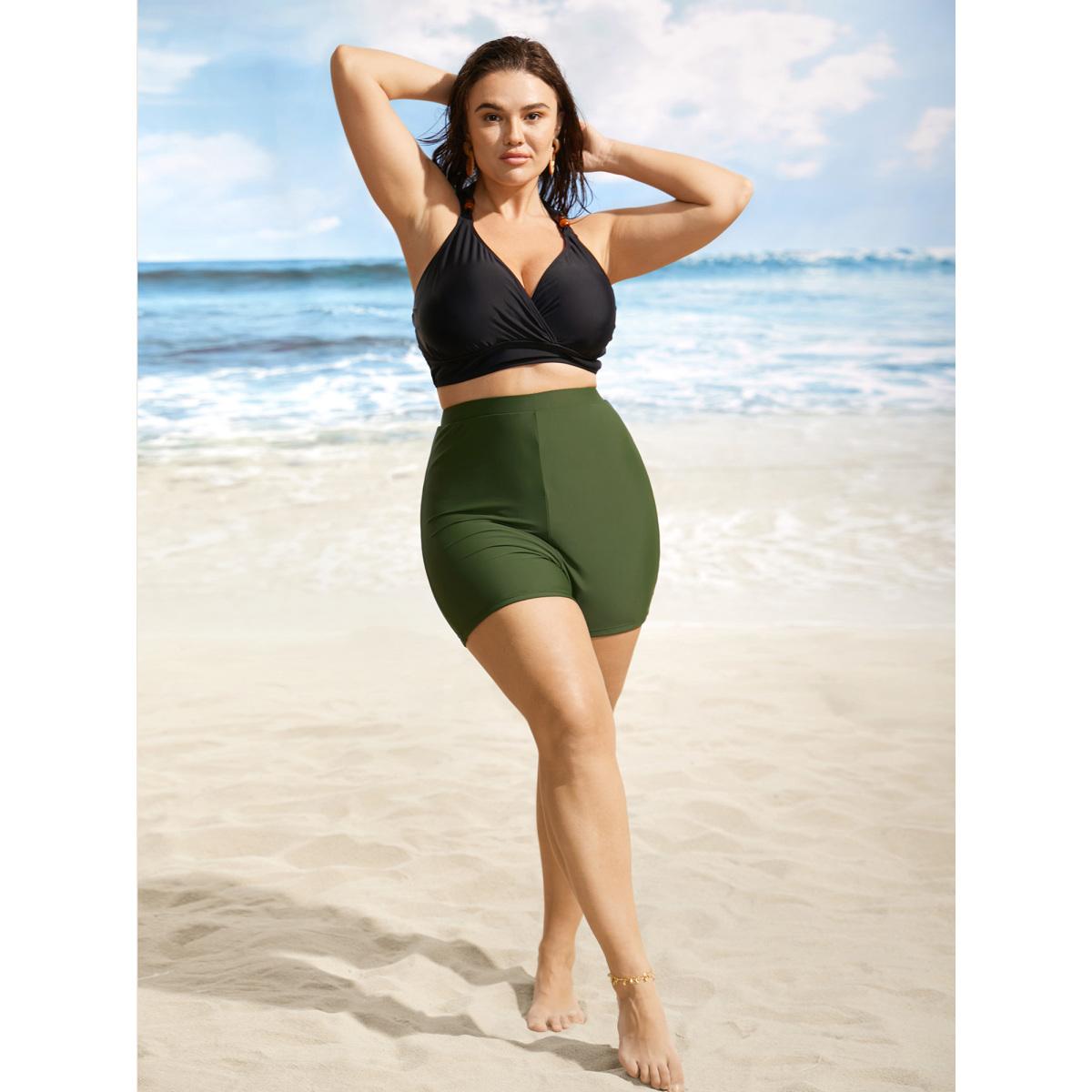 Plus Size Plain Elastic Waist Swim Shorts Women's Swimwear Moss Beach Non High stretch Skinny High Rise Curve Swim Bottoms BloomChic 28/5X Product Image