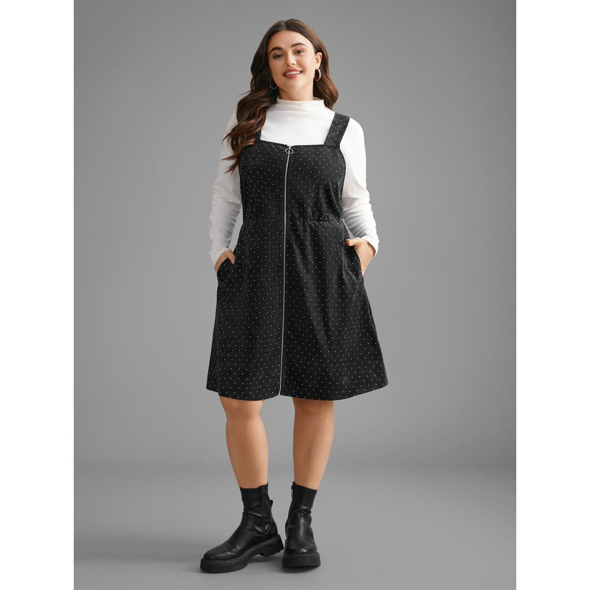 Plus Size Ditsy Floral Corduroy Pocket Zipper Fly Cami Dress BlackFlower Women Casual Printed Square Neck Sleeveless Curvy Knee Dress BloomChic 30/6X Product Image