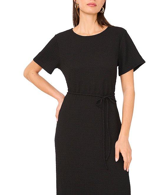 Vince Camuto Crew Neck Short Sleeve Belted Midi Shirt Dress Product Image