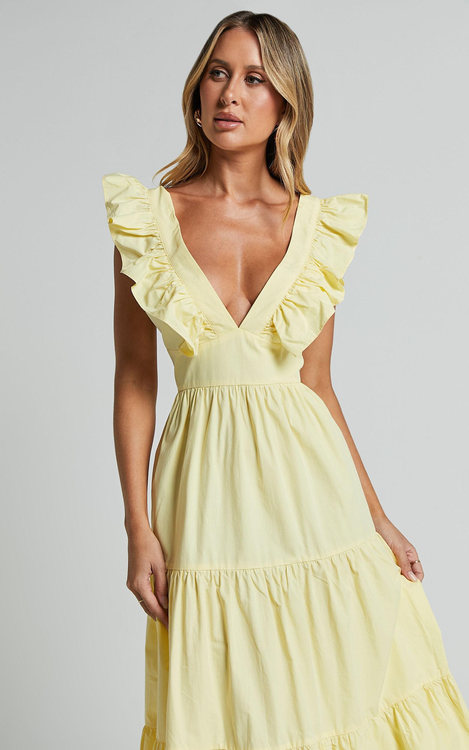 Levona Midi Dress - Ruffle Shoulder Tiered Dress in Lemon Product Image