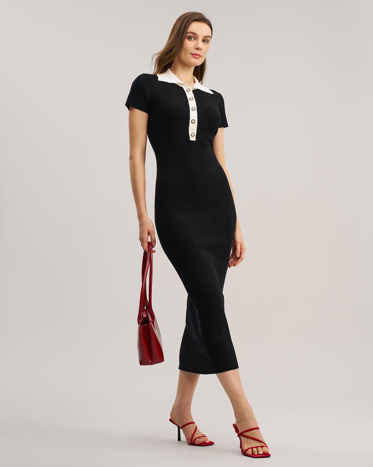 Black Contrast Bodycon Sweater Maxi Dress Product Image