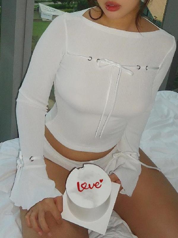 Ribbed Bow Lace Up Flare Long Sleeve Knit Product Image