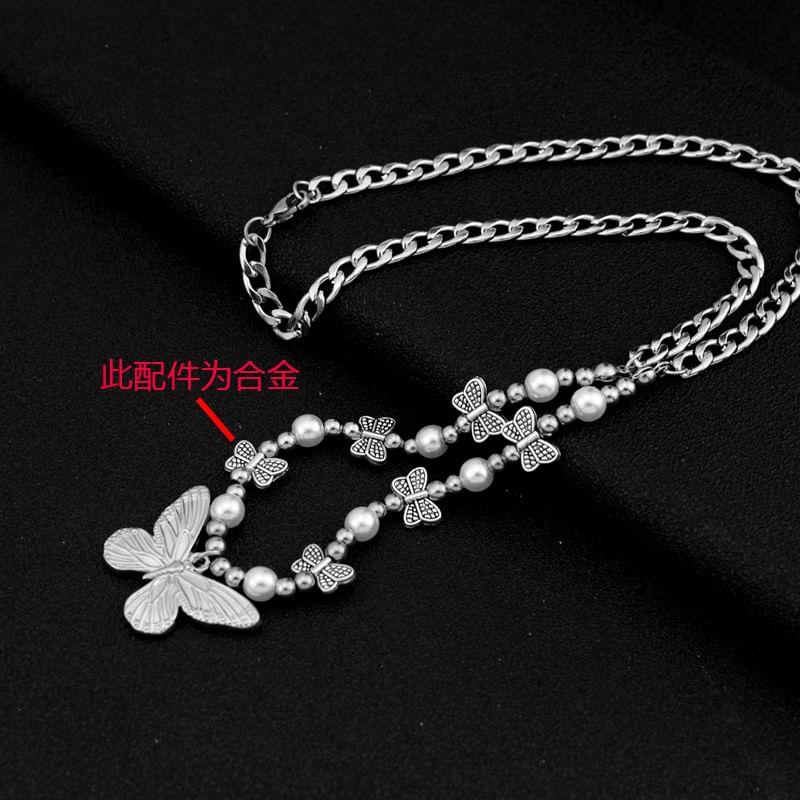 Butterfly Pendant Faux Pearl Beaded Necklace Product Image