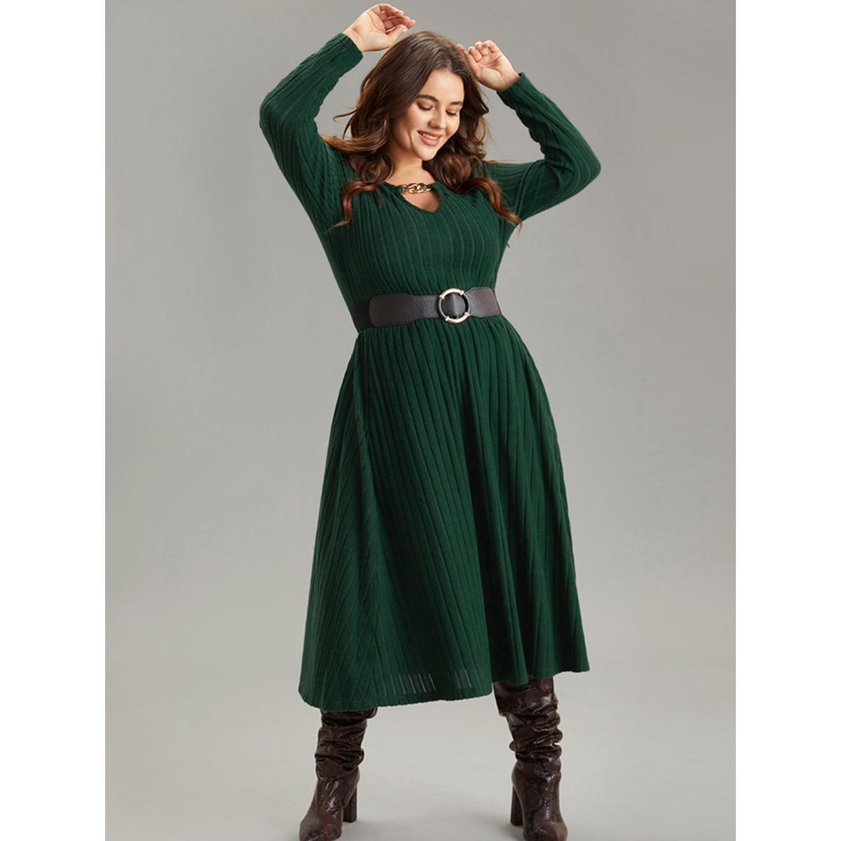 Plus Size Rib Knit Plain Notched Pocket Dress DarkGreen Women Work From Home Rib Knit Notched collar Long Sleeve Curvy Midi Dress BloomChic 18-20/2X Product Image
