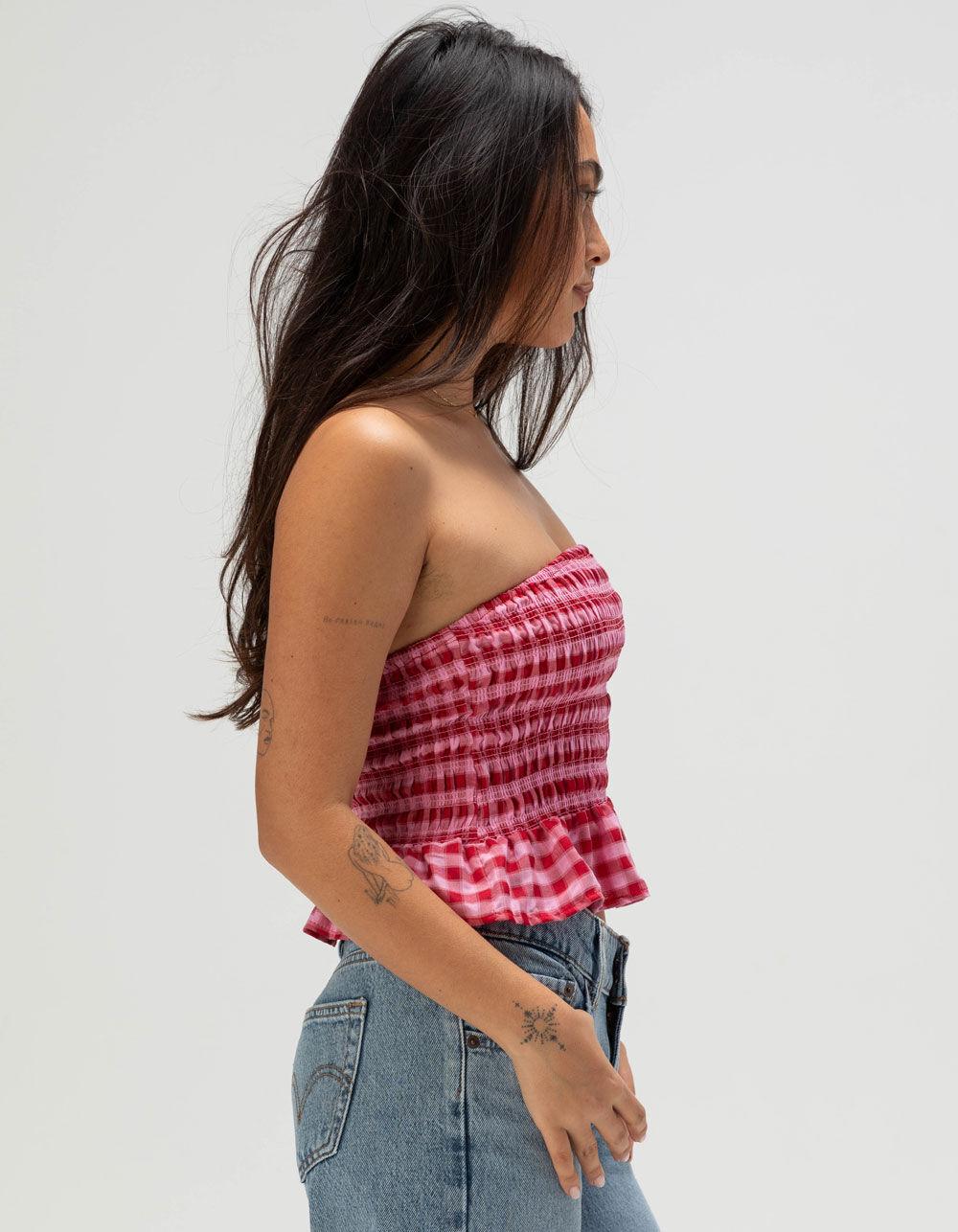 FULL TILT Smocked Plaid Peplum Tube Top - RED COMBO Product Image