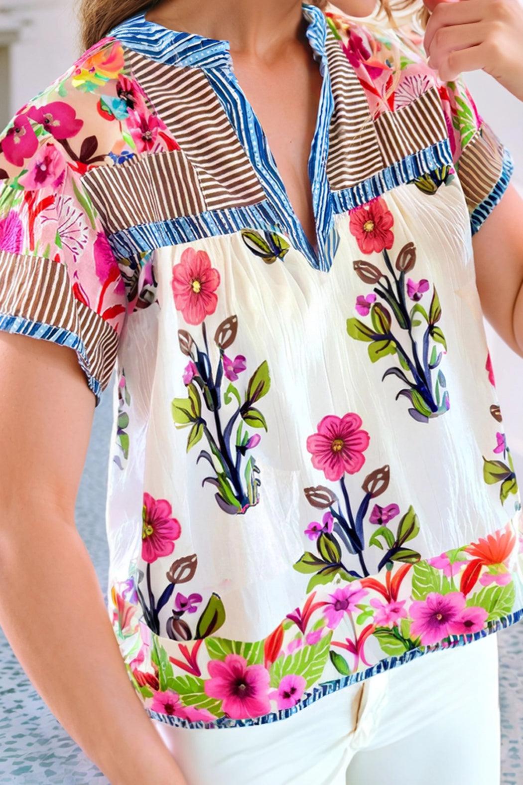Patchwork Short Sleeve Split Neck Blouse Product Image