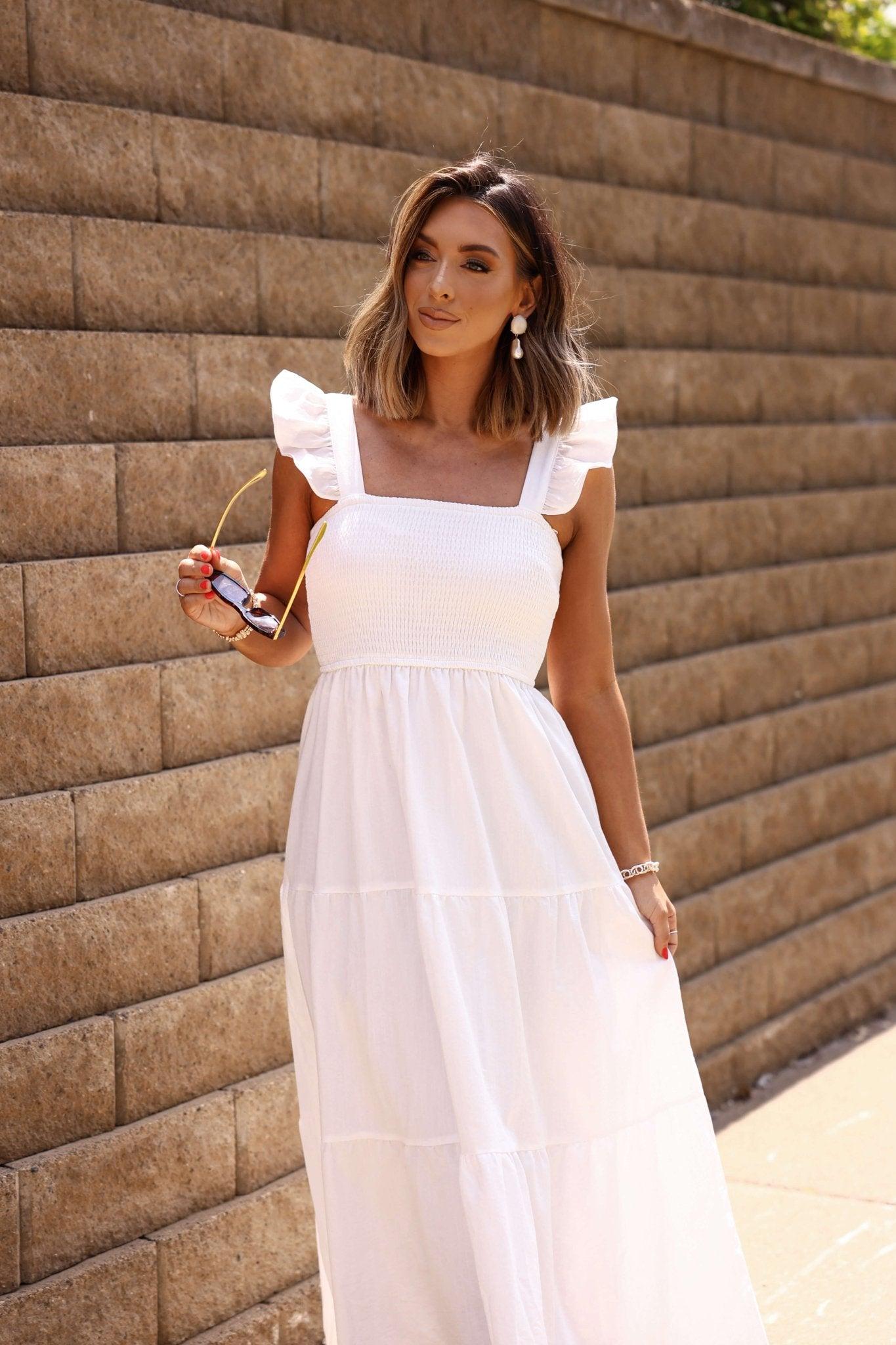 White Ruffle Sleeve Smock Tiered Midi Dress - FINAL SALE Product Image