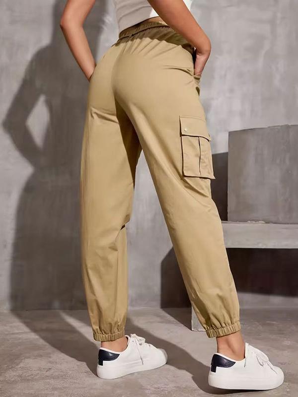 High Waisted Elasticity Pockets Solid Color Split-Joint Tied Waist Cargo Pants Trousers Product Image