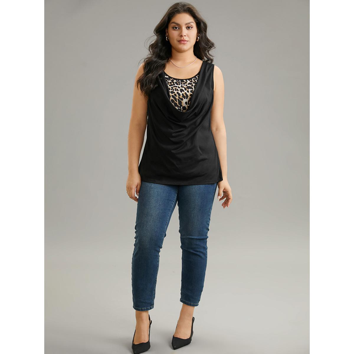 Plus Size Leopard Patchwork Round Neck Tank Top Women Black Elegant Patchwork Round Neck Dailywear Tank Tops Camis BloomChic 10/M Product Image