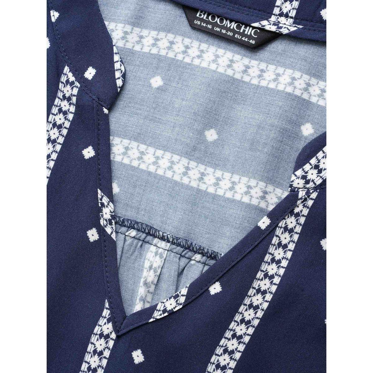 Plus Size Indigo Striped Geometric Notched Gathered Blouse Women Resort Elbow-length sleeve Notched collar Vacation Blouses BloomChic 22-24/3X Product Image