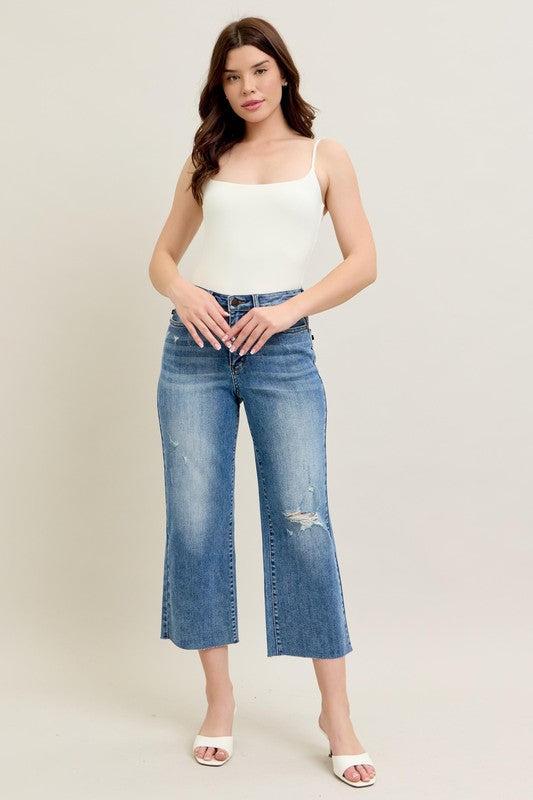Judy Blue High Waist  Raw Cut Hem Crop Jeans Capris Product Image