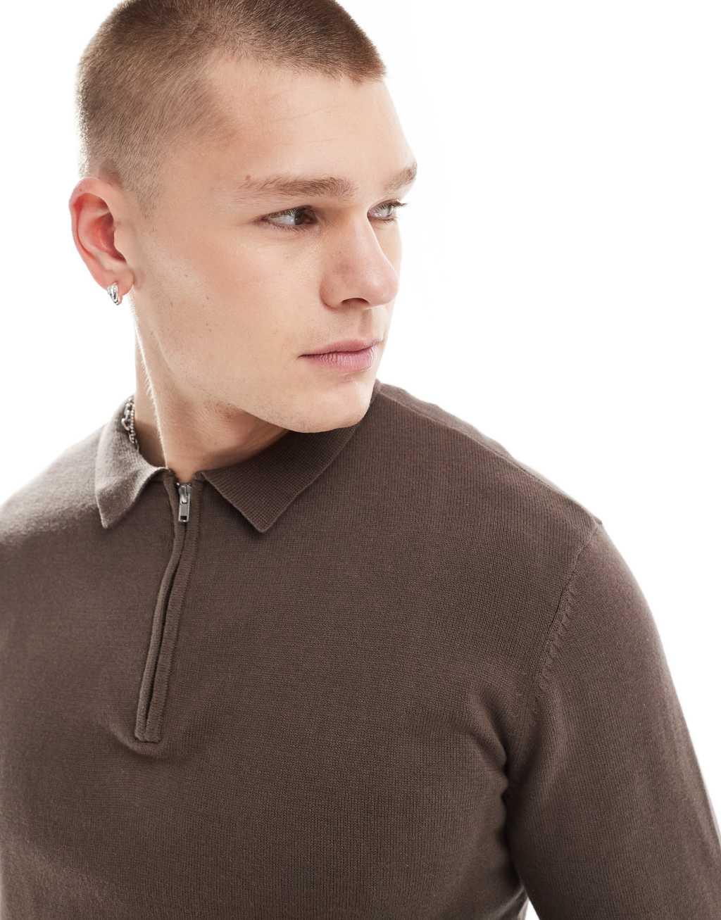 Another Influence knitted long sleeve polo sweater in brown Product Image