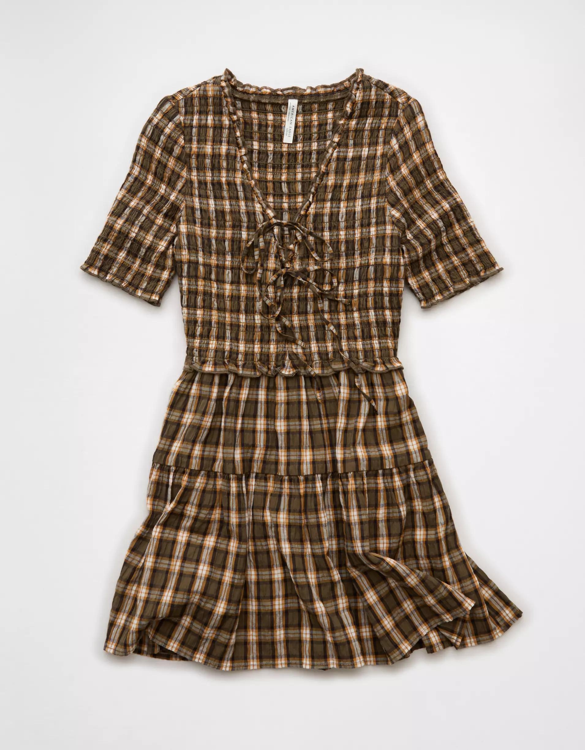 AE Puff Sleeve Tie Front Plaid Mini Dress Product Image