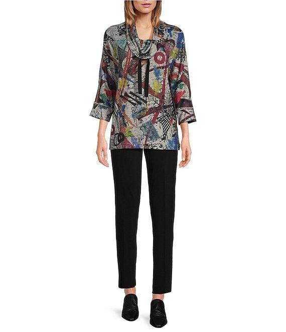 Ali Miles Stretch Knit Abstract Print Cowl Neck 3/4 Sleeve Front Pouch Pocket Popover Tunic Product Image