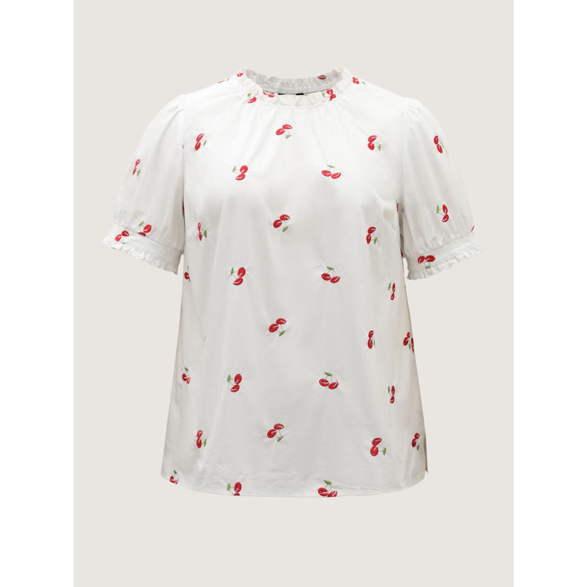 Plus Size WhiteSmoke Cotton Cherry Embroidery Ruffled Neck Blouse Women Timeless Short sleeve Round Neck Elegant Blouses BloomChic 18-20/2X Product Image