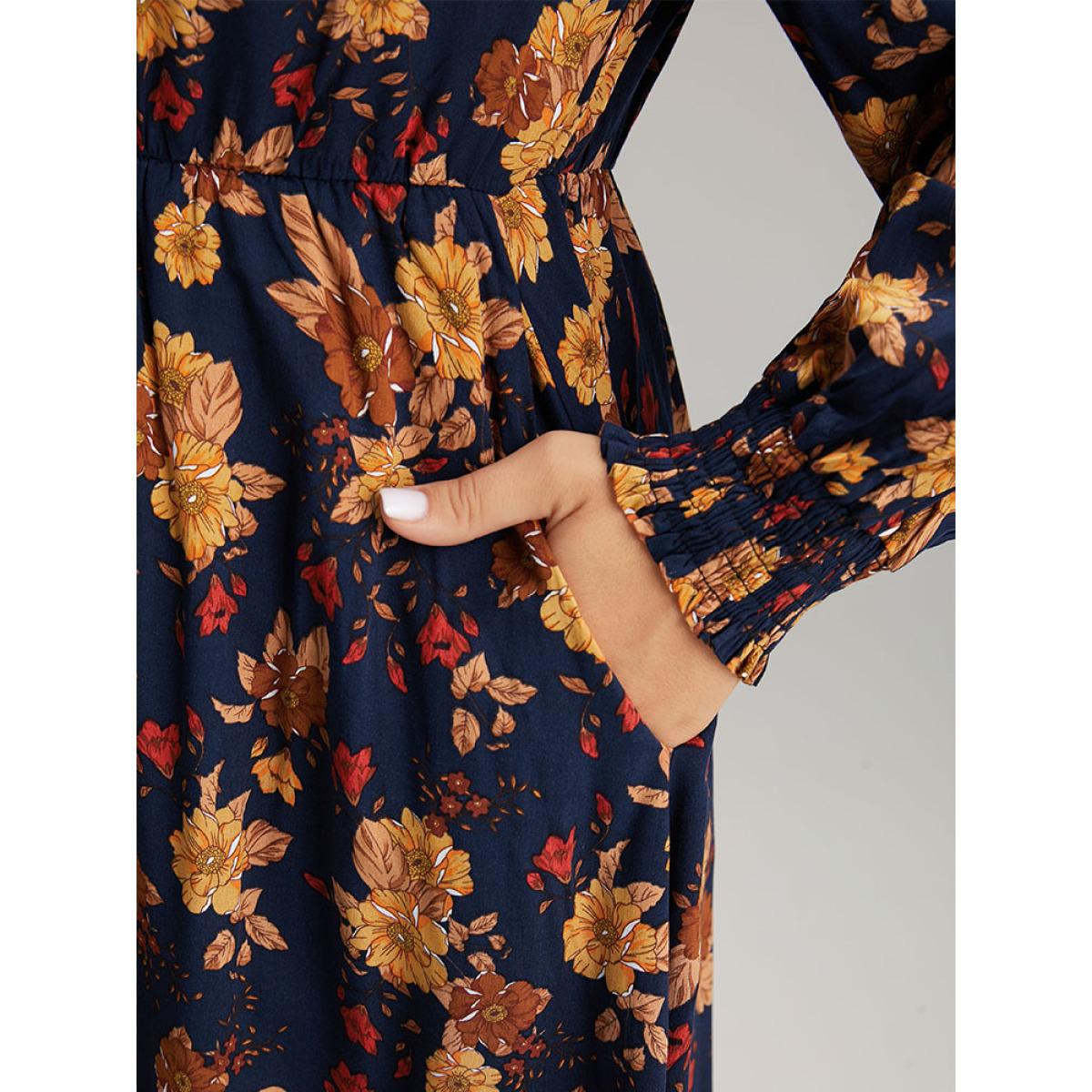 Plus Size Supersoft Essentials Floral Print Mock Neck Dress DarkBlue Women Elegant Printed Mock Neck Long Sleeve Curvy Midi Dress BloomChic 30/6X Product Image