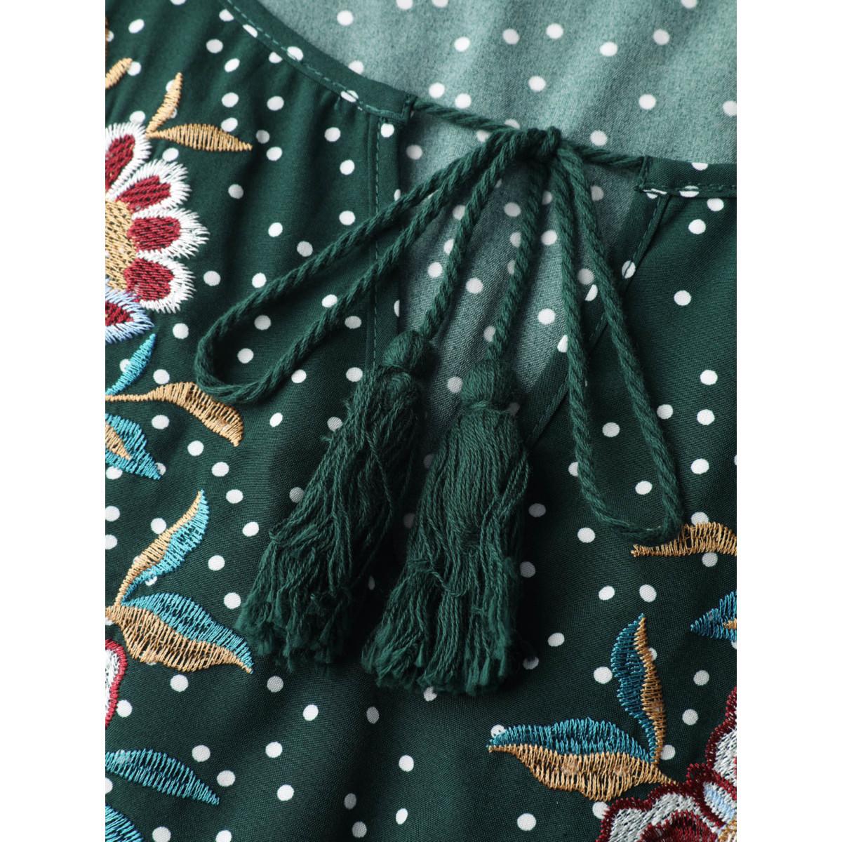 Plus Size Floral Embroidery Tassels Maxi Dress DarkGreen Women Boho Tie knot Flat collar with V-notch Extra Long Sleeve Curvy BloomChic 22-24/3X Product Image