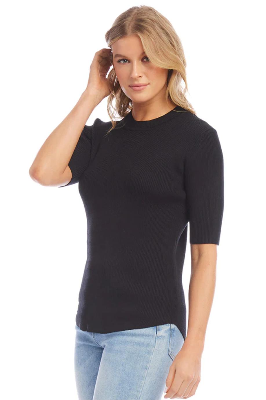 Short Sleeve Ribbed Sweater - Black Product Image