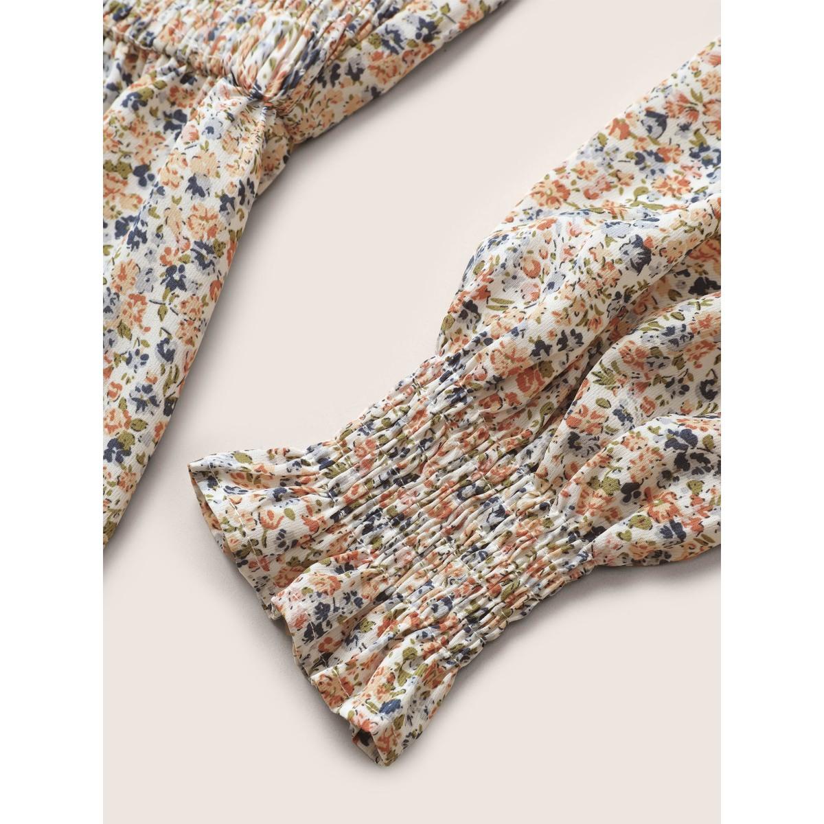 Plus Size Multicolor Ditsy Floral Shirred Elastic Waist Puff Sleeve Blouse Women Elegant Long Sleeve Round Neck Dailywear Blouses BloomChic 30/6X Product Image