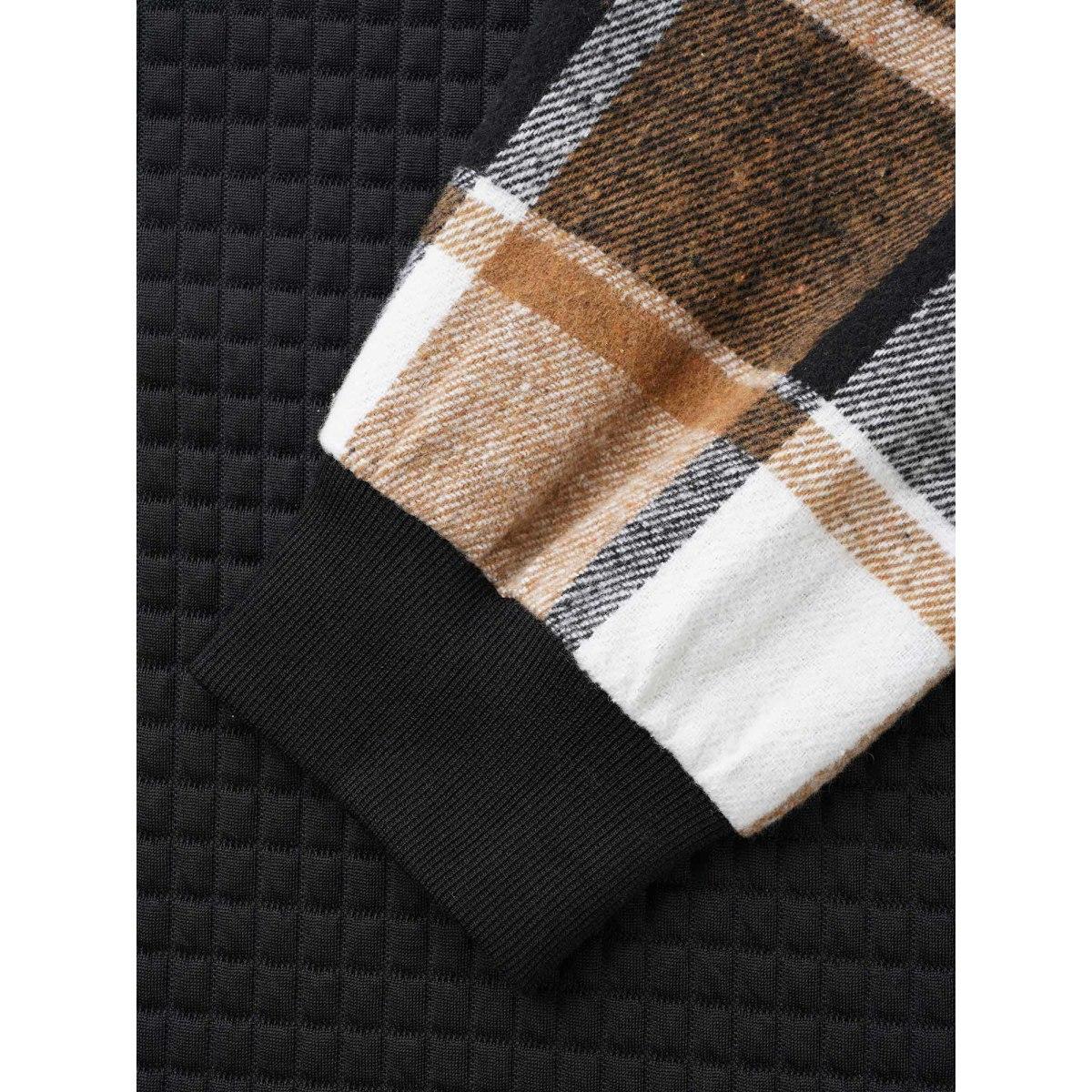 Plus Size Plaid Patchwork Hooded Raglan Sleeve Sweatshirt Women Black Casual Texture Hooded Everyday Sweatshirts BloomChic 18-20/2X Product Image