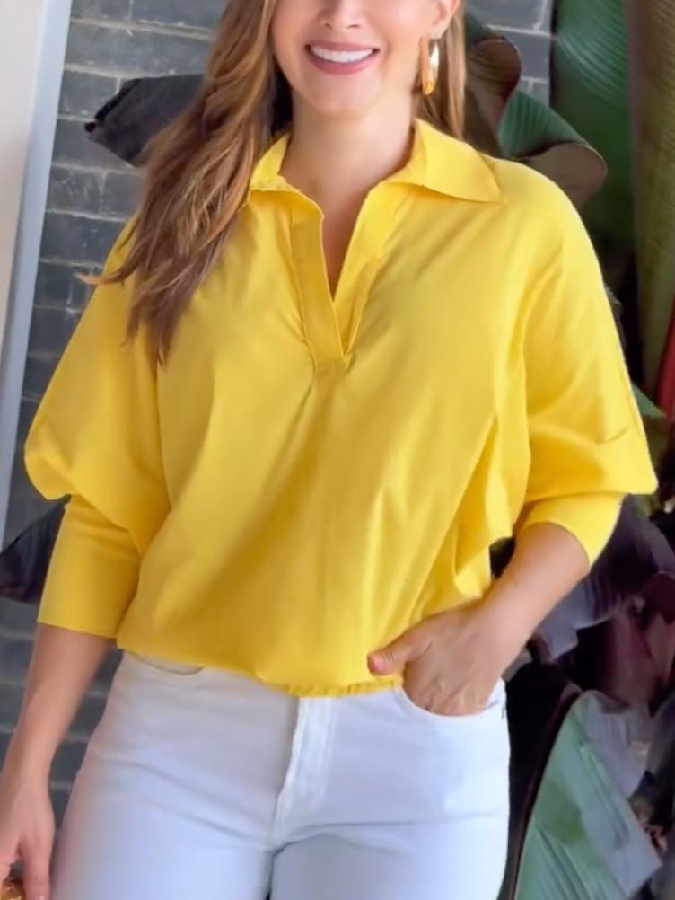 Loose Puff Sleeves Solid Color Lapel Blouses&Shirts Tops Product Image