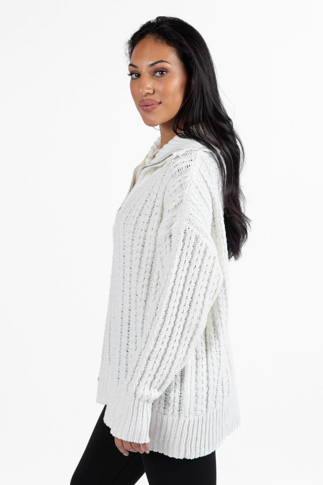 Forever Yours White Cable Knit Chenille Quarter Zip Sweater FINAL SALE Product Image