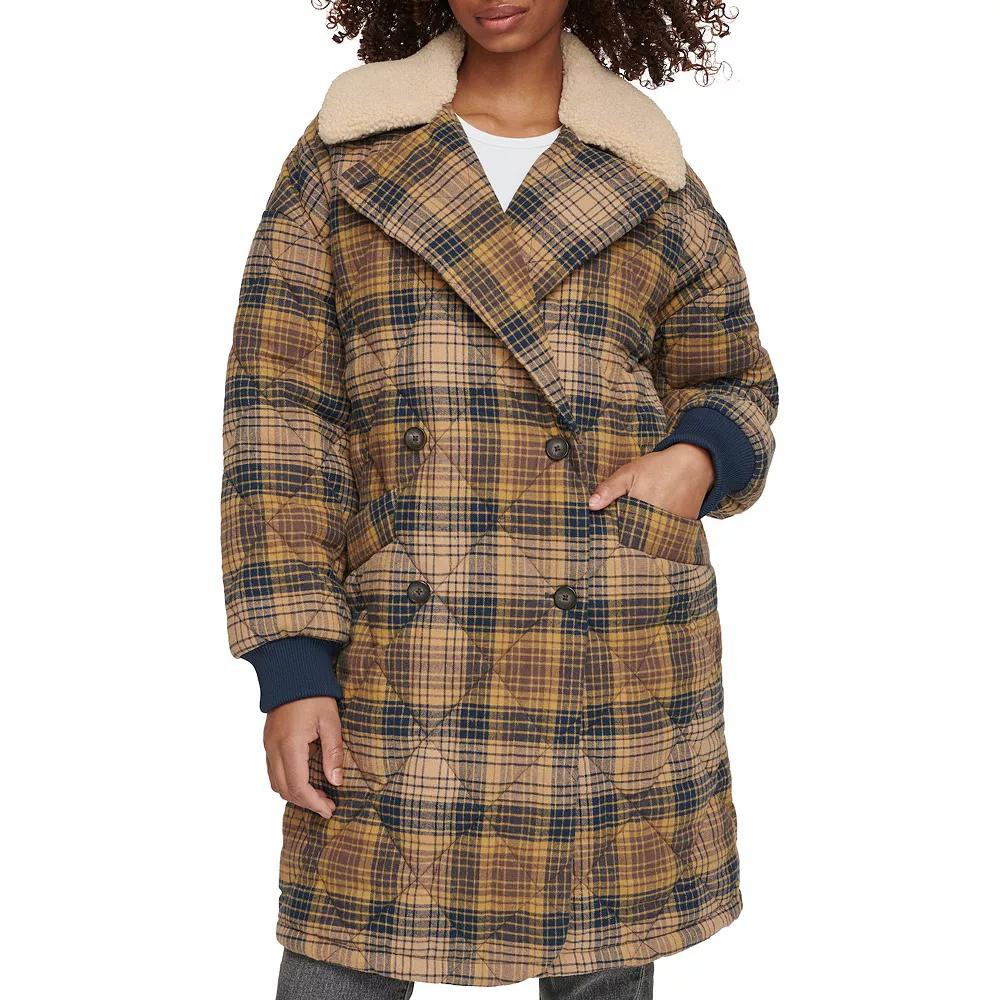 Women's Levi's® Quilted Plaid Jacket with Sherpa Collar, Size: Medium, Brown Navy Plaid Product Image