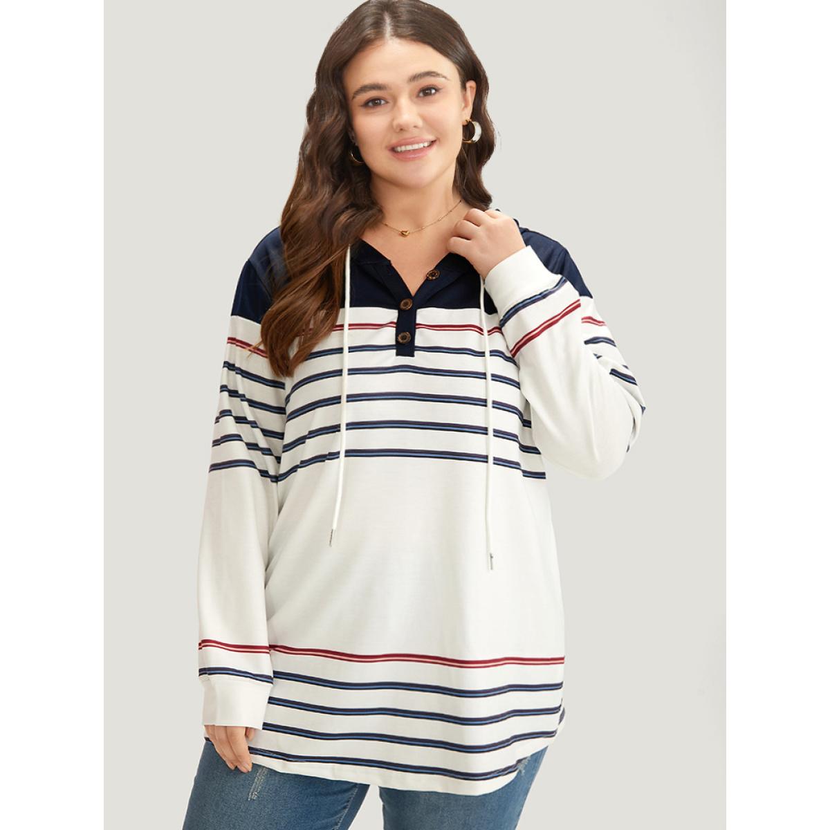 Plus Size Striped Contrast Patchwork Drawstring Button Up Hooded Sweatshirt Women Multicolor Casual Elastic cuffs Hooded Dailywear Sweatshirts BloomChic 10/M Product Image