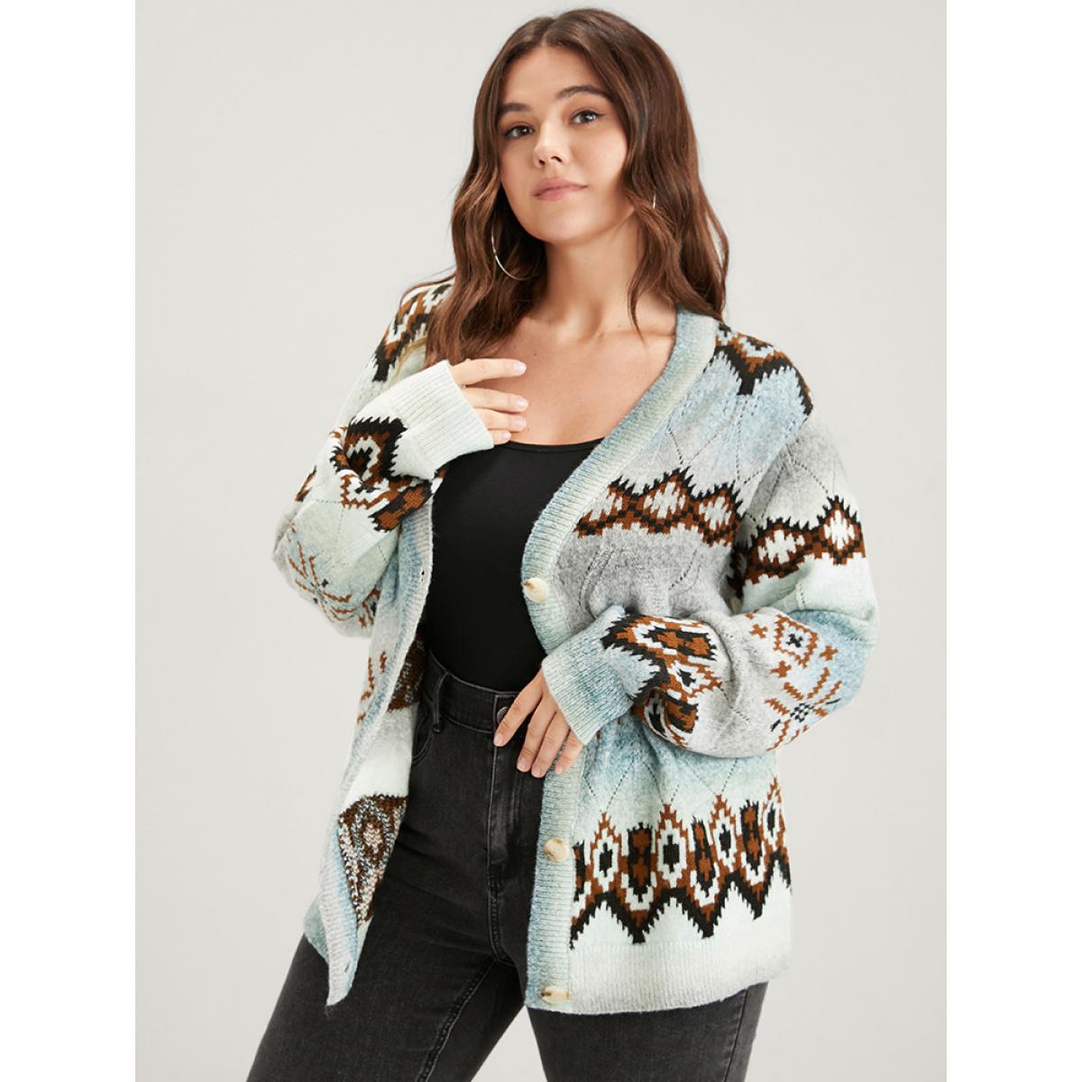 Plus Size Geometric Print Super Soft Plush Knit Button Front Cardigan Multicolor Women Casual Loose Long Sleeve Dailywear Cardigans BloomChic 10/M Product Image
