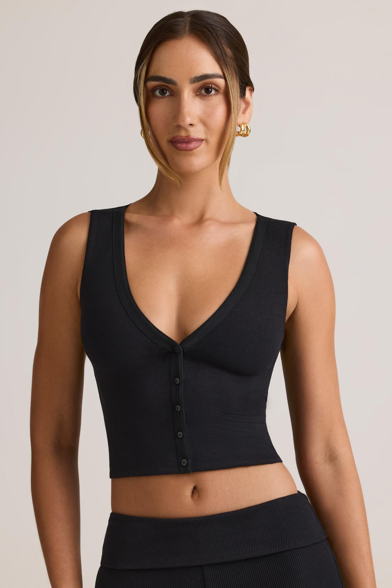 Modal Ribbed Button-Up Vest Top in Black Product Image