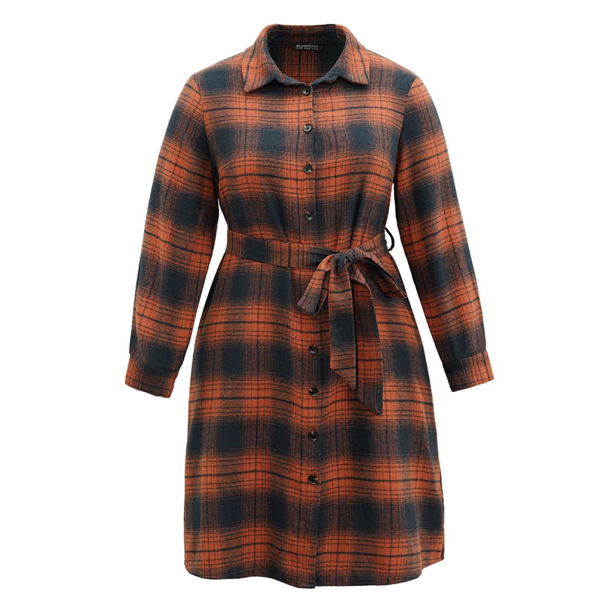 Plus Size Plaid Shirt Collar Belted Button Through Dress Rust Women Casual Belted Shirt collar Long Sleeve Curvy Midi Dress BloomChic 18-20/2X Product Image