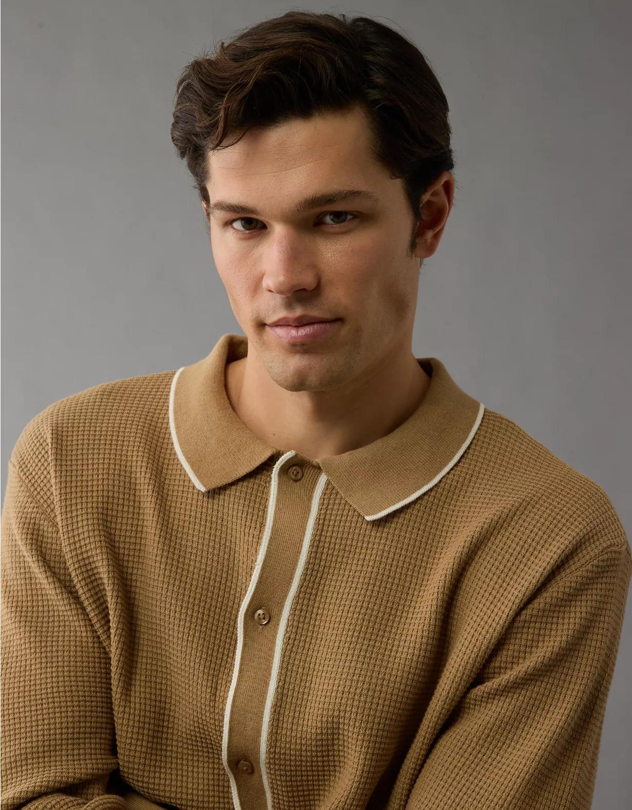 AE Long-Sleeve Tipped Waffle Sweater Polo Shirt Product Image