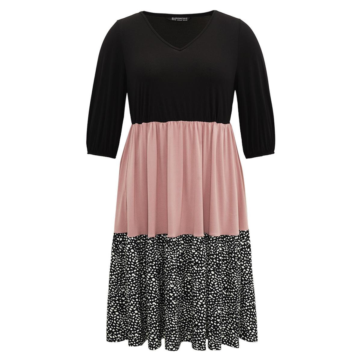 Plus Size Leopard Colorblock Patchwork Elastic Waist Dress Multicolor Women Casual Elastic cuffs V-neck Elbow-length sleeve Curvy Midi Dress BloomChic 14-16/1X Product Image