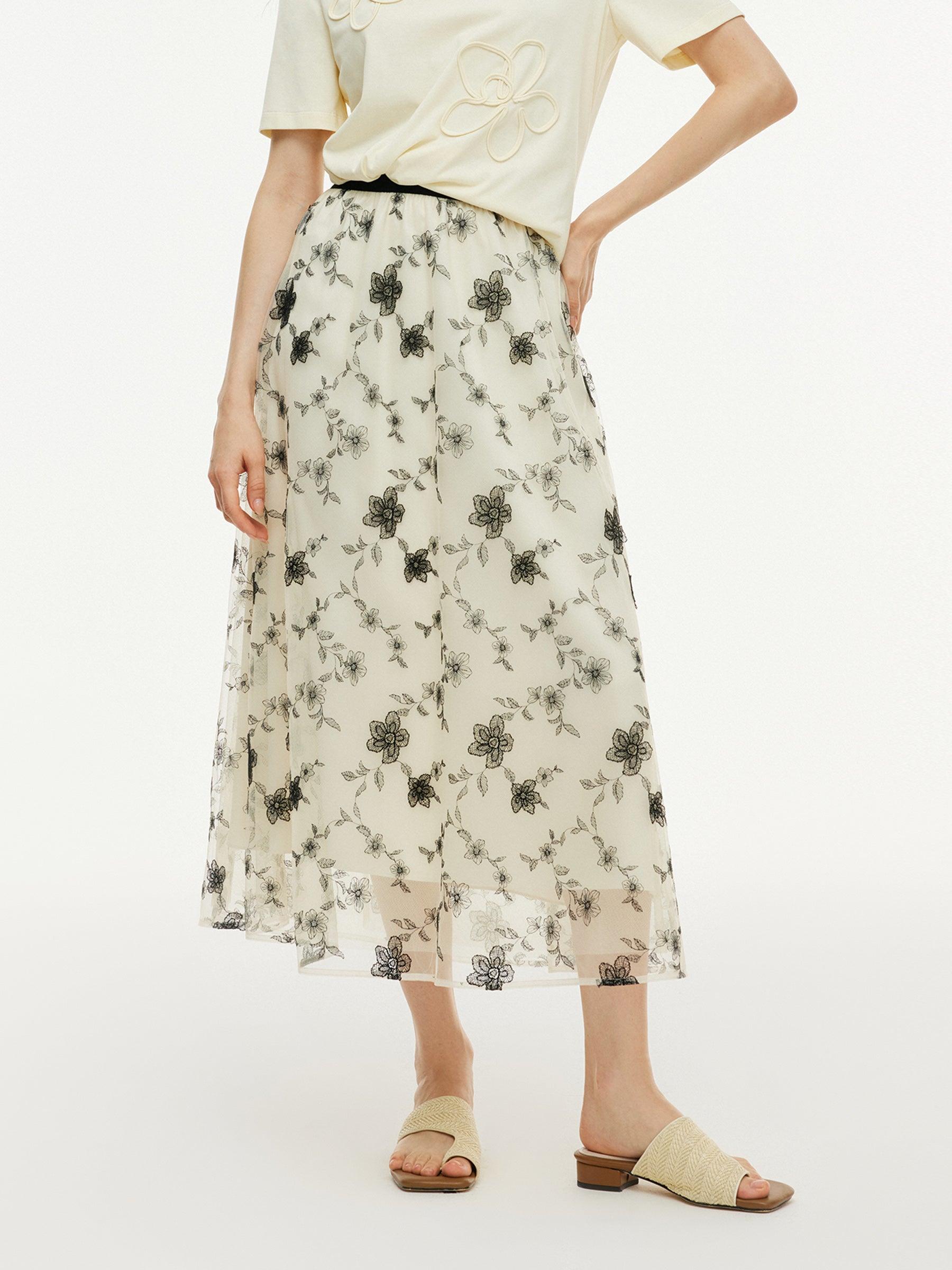 Floral Embroidered Women Elastic Waist Mesh Skirt Product Image