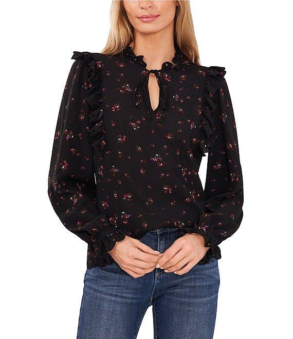 CeCe Woven Floral Print V-Neck Long Puff Ruffle Sleeve Blouse Product Image