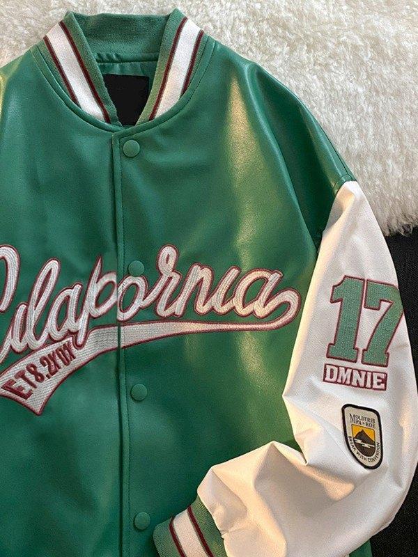 Men's Embroidered Pu Leather Varsity Jacket Product Image