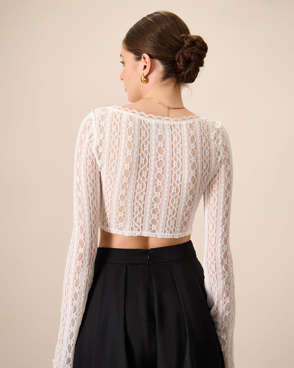 Women's White Lace See-Through Cropped Tee Female Product Image