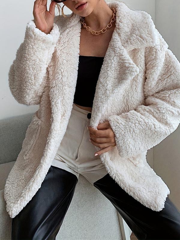 Long Sleeves Loose Buttoned Pockets Solid Color Velvet Notched Collar Outerwear Product Image