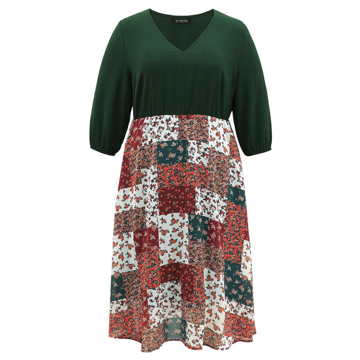 Plus Size Ditsy Floral Colorblock Patchwork Lantern Sleeve Dress DarkGreen Women Elegant Printed V-neck Long Sleeve Curvy Midi Dress BloomChic 12/L Product Image