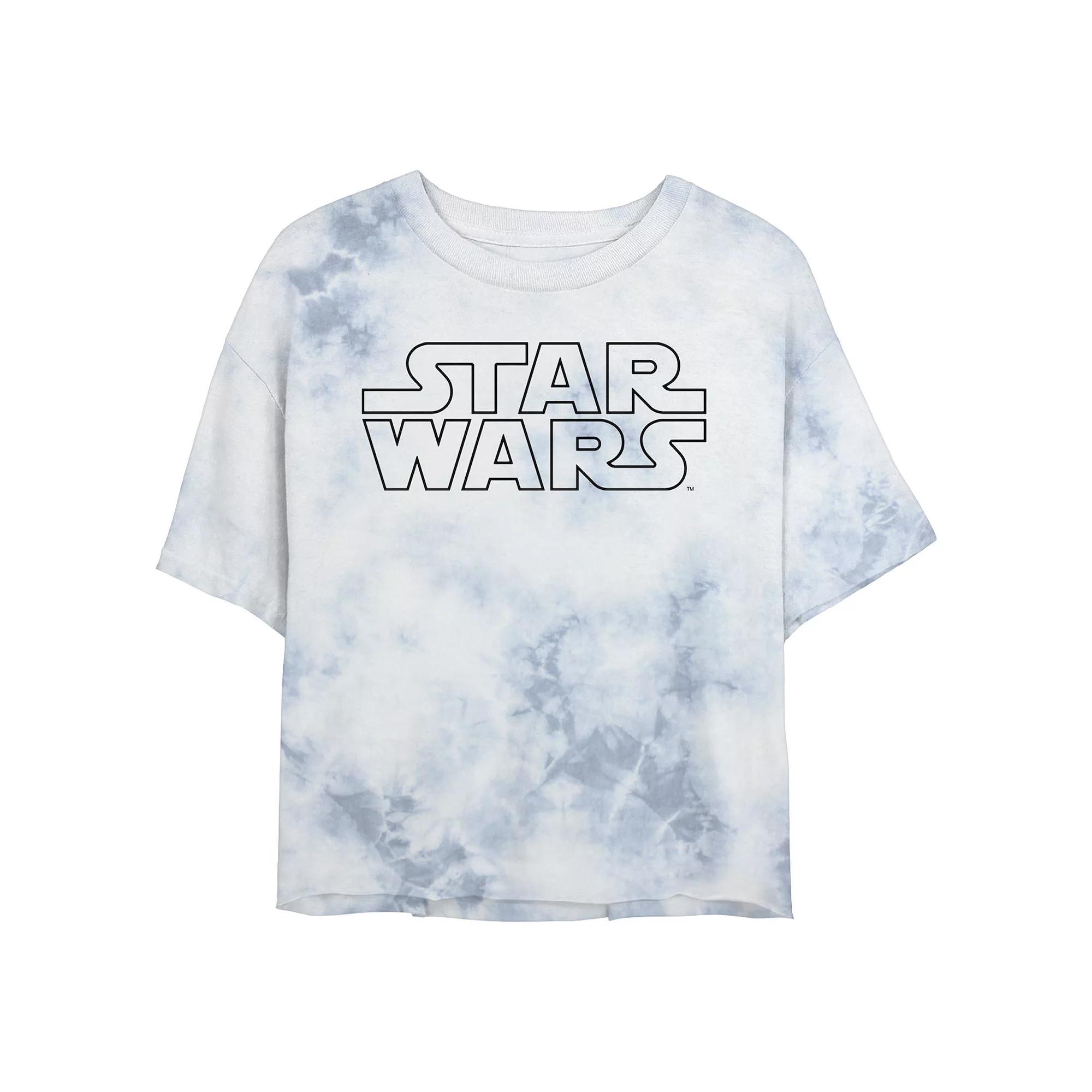 Juniors' Star Wars: Simple Logo Outline Wash Graphic Crop Tee, Women's, Size: Small, White Blue Product Image