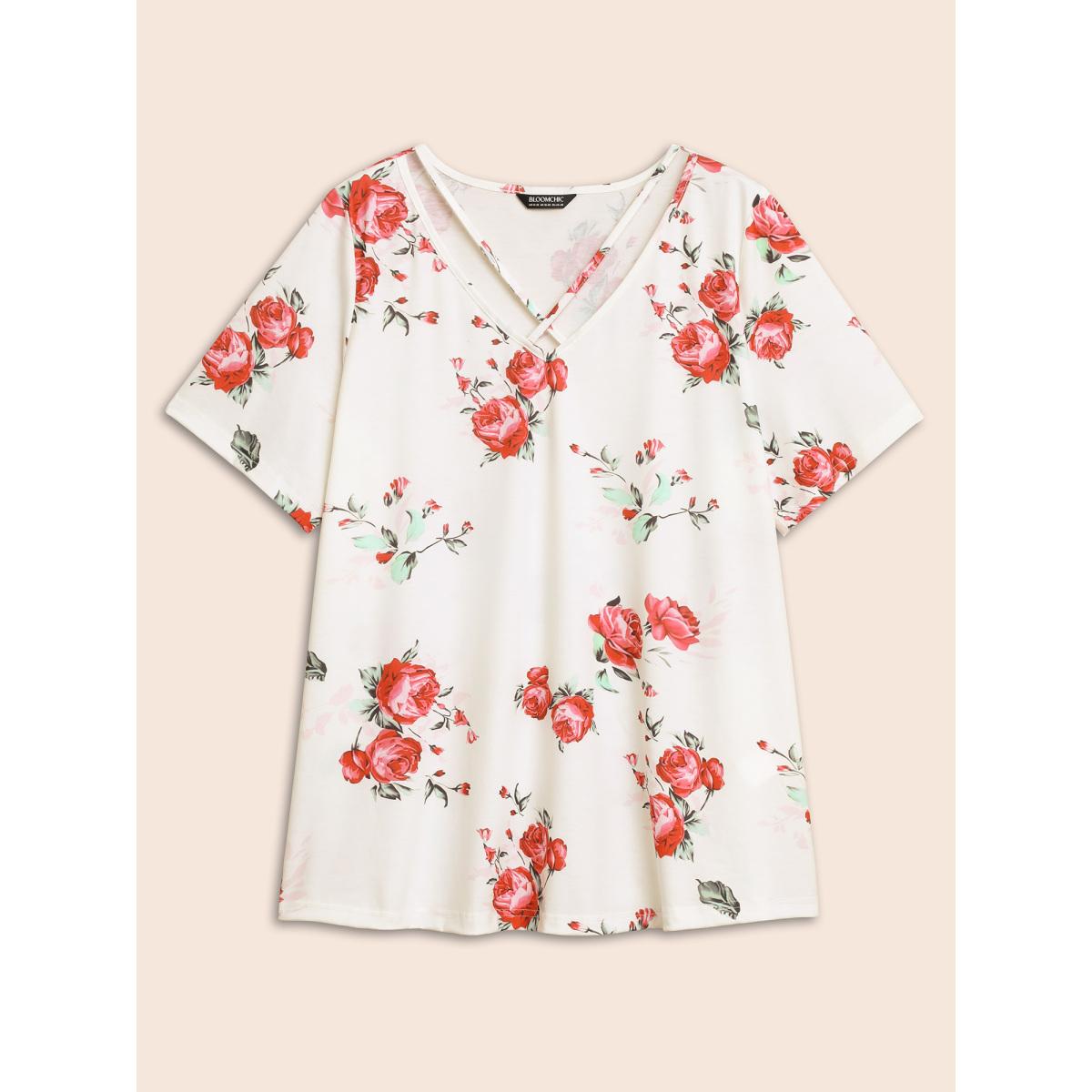 Plus Size Floral Crisscross V Neck T-shirt White Women Elegant Floral V-neck Everyday T-shirts BloomChic 12/L Product Image