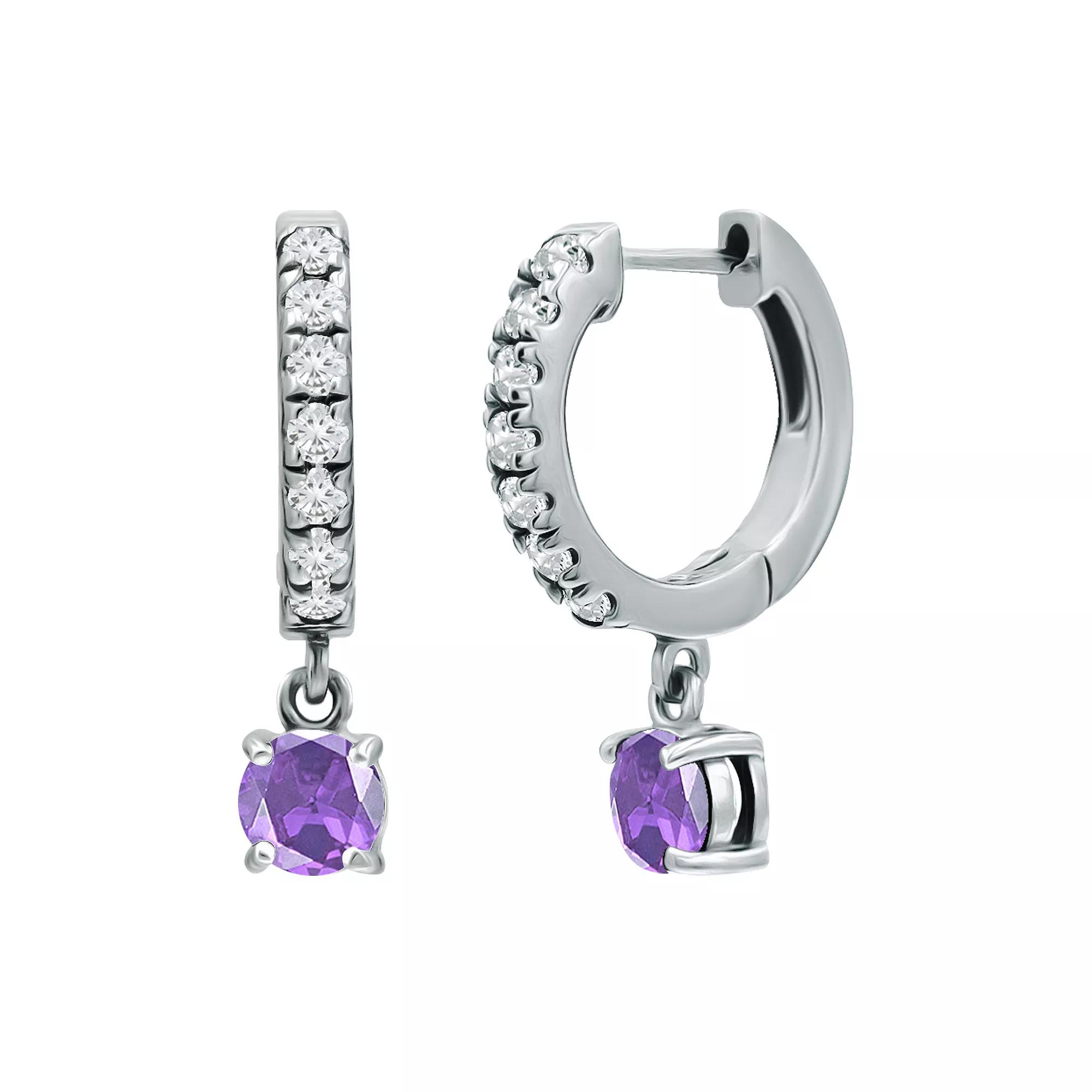Aleure Precioso Sterling Silver Round with White Topaz Huggie Earrings, Women's, Silver Tone Purple Product Image