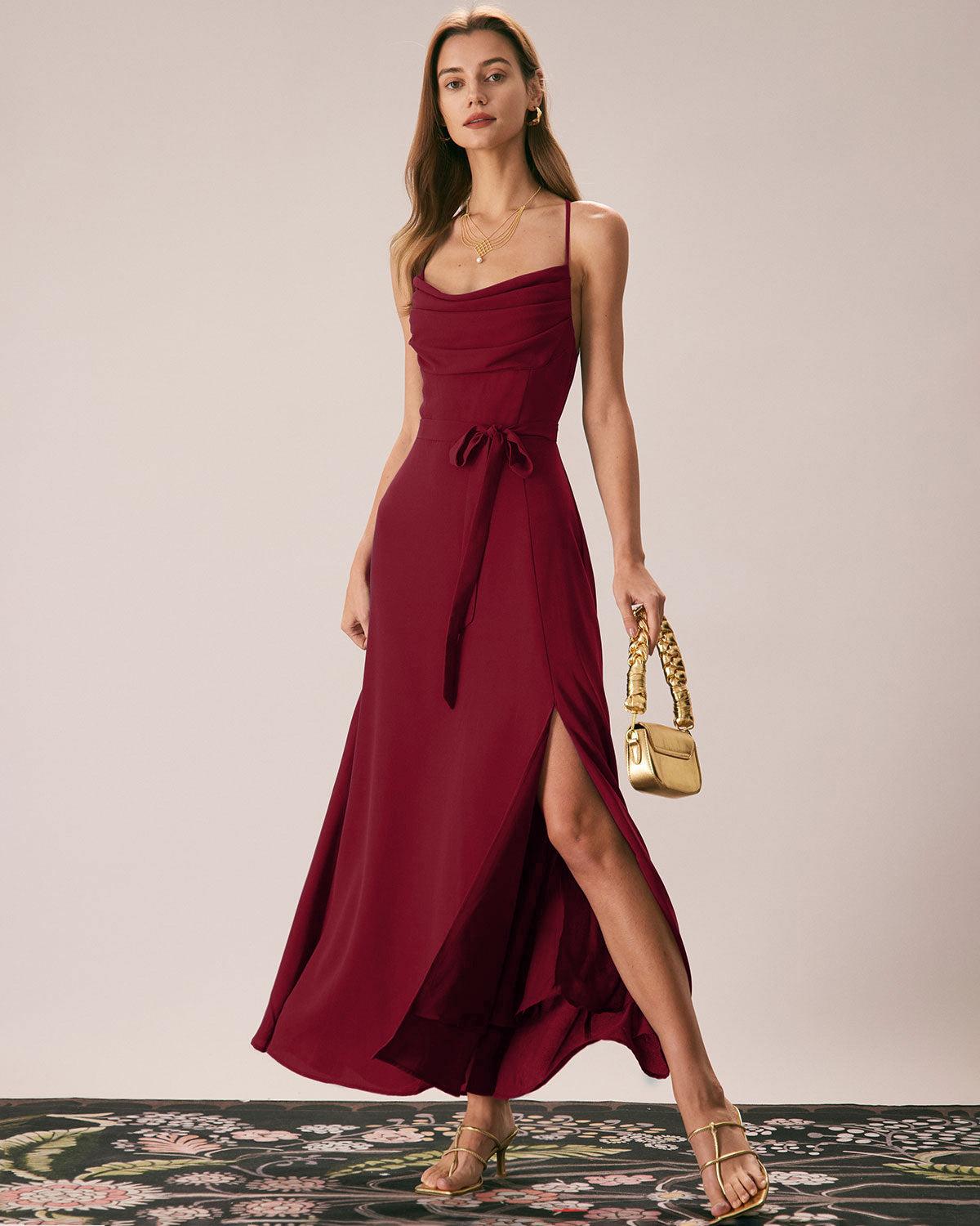 Red Cowl Neck Slip Maxi Dresses Product Image