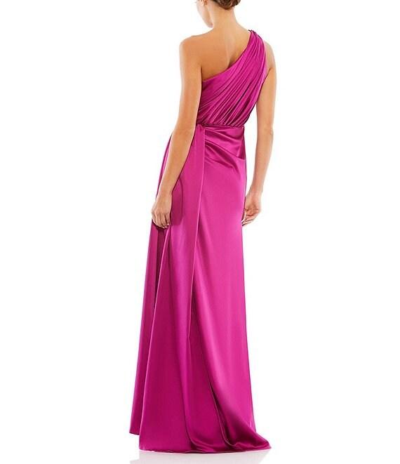 Mac Duggal Sleeveless Pleated One Shoulder Thigh High Slit Satin A-Line Gown Product Image