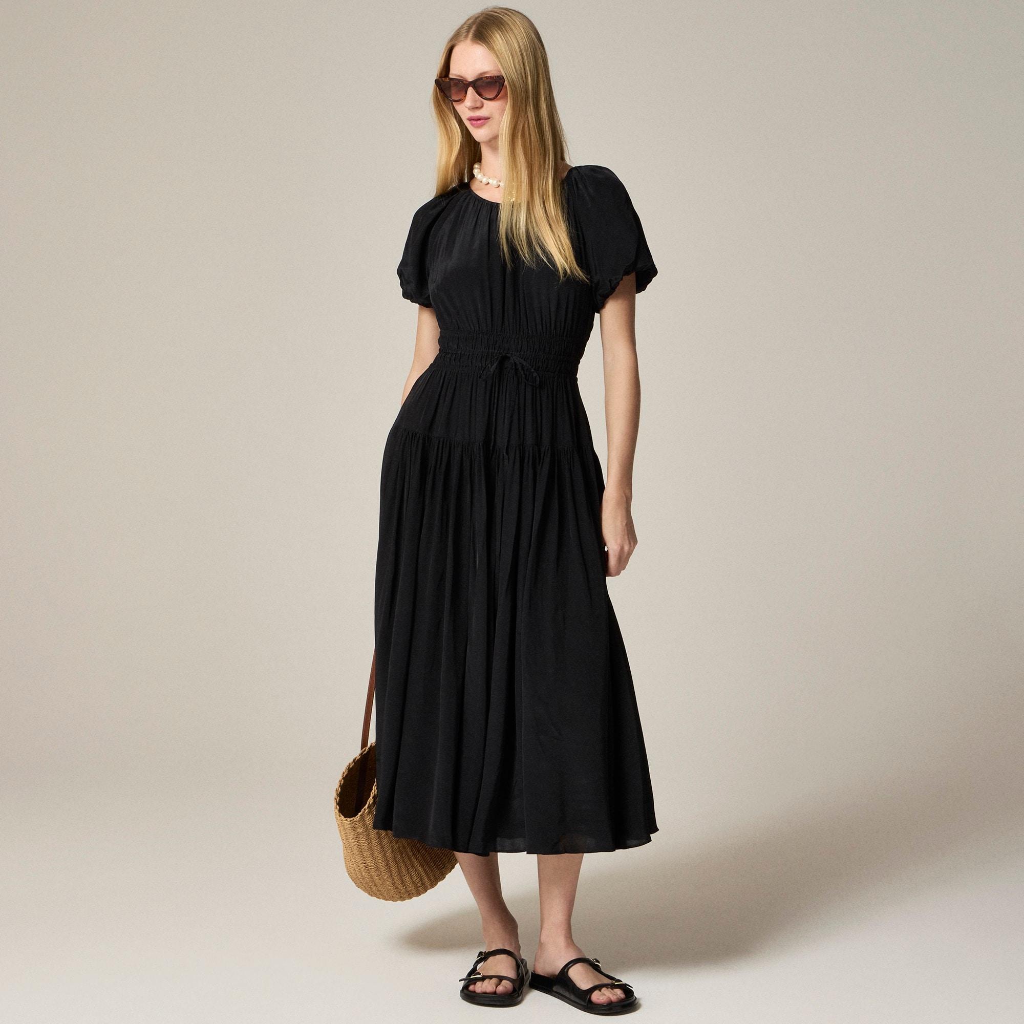 Elena puff-sleeve dress in crepe de chine Product Image