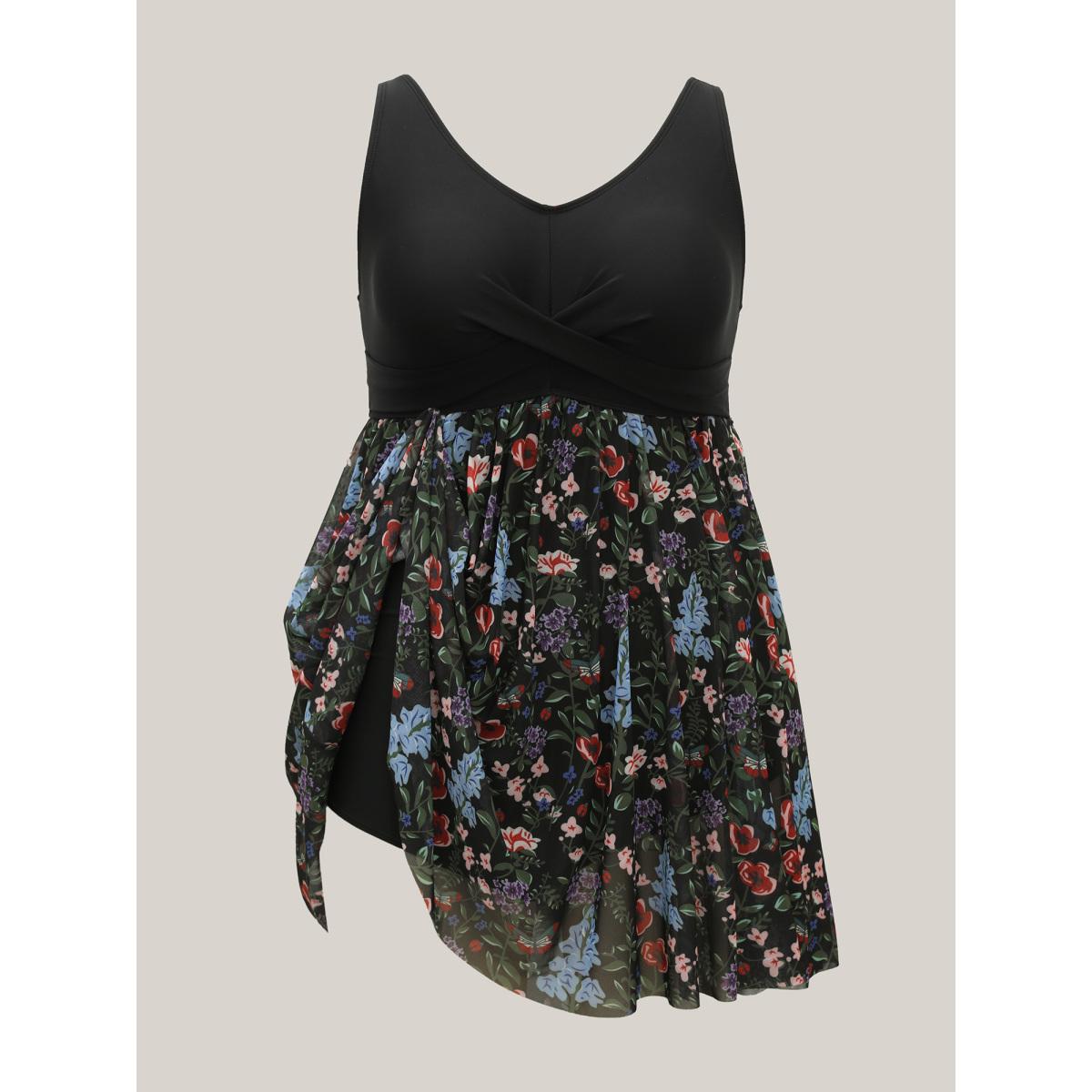 Plus Size Floral Pattern Split Adjustable Swim Dress Women's Swimwear Black Beach Bodycon V-neck High stretch Curve Swim Dresses BloomChic 22-24/3X Product Image