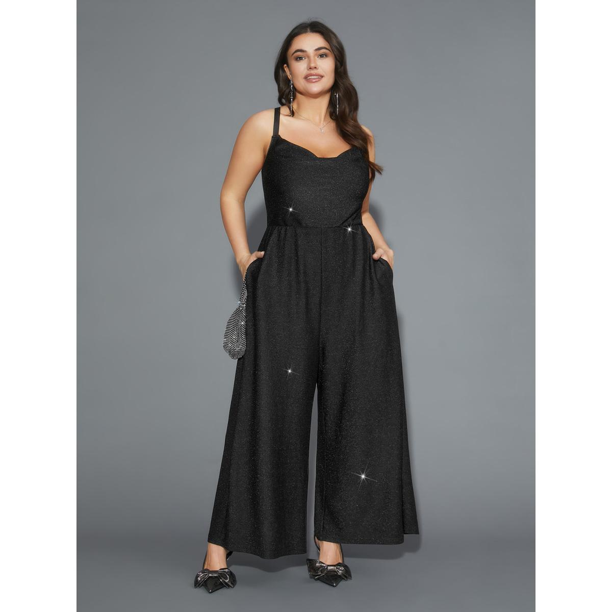 Plus Size Black Cross Back Straps Cowl Neck Jumpsuit Women Cocktail Sleeveless Cowl Neck Party Loose Jumpsuits BloomChic 26/4X Product Image