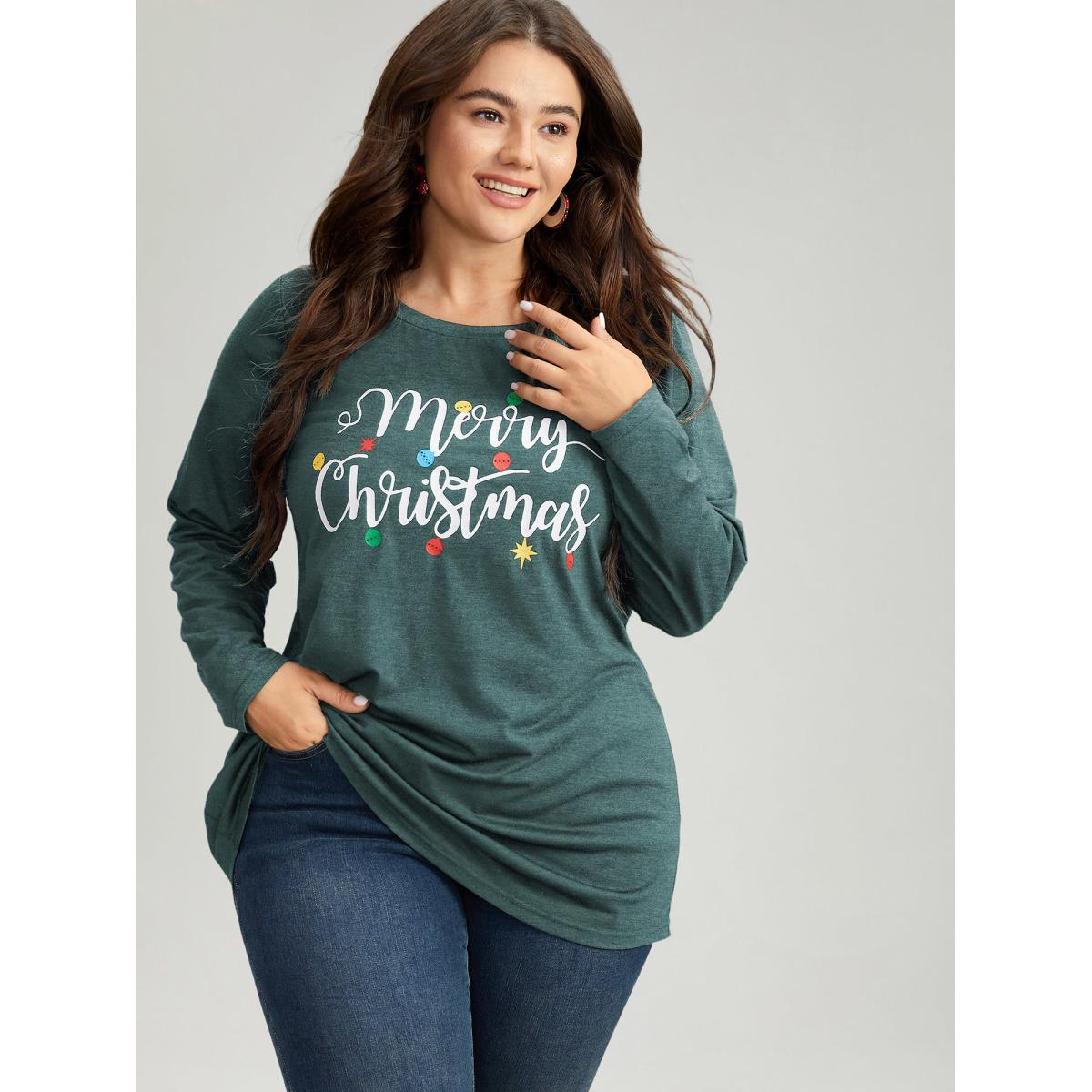 Plus Size Christmas Letter Print Crew Neck T-shirt DarkGreen Women Casual Printed Christmas Festival-Christmas T-shirts BloomChic 28/5X Product Image