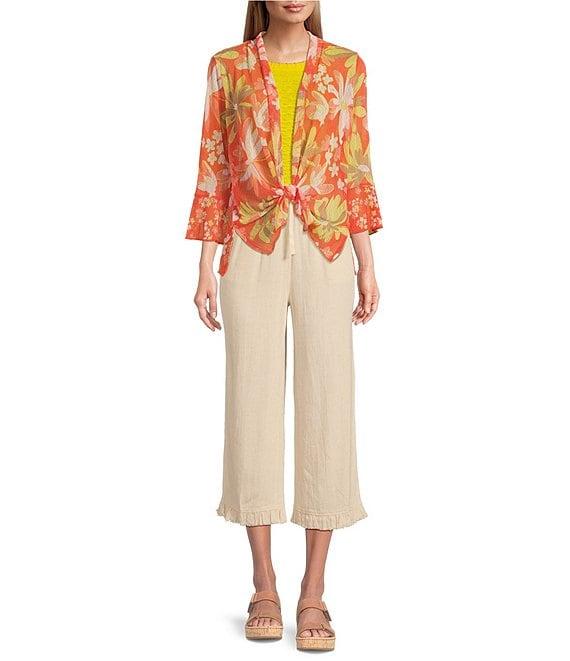 Multiples Textured Slub Woven Straight Leg Elastic Drawstring Waist Pull-On Pants Product Image